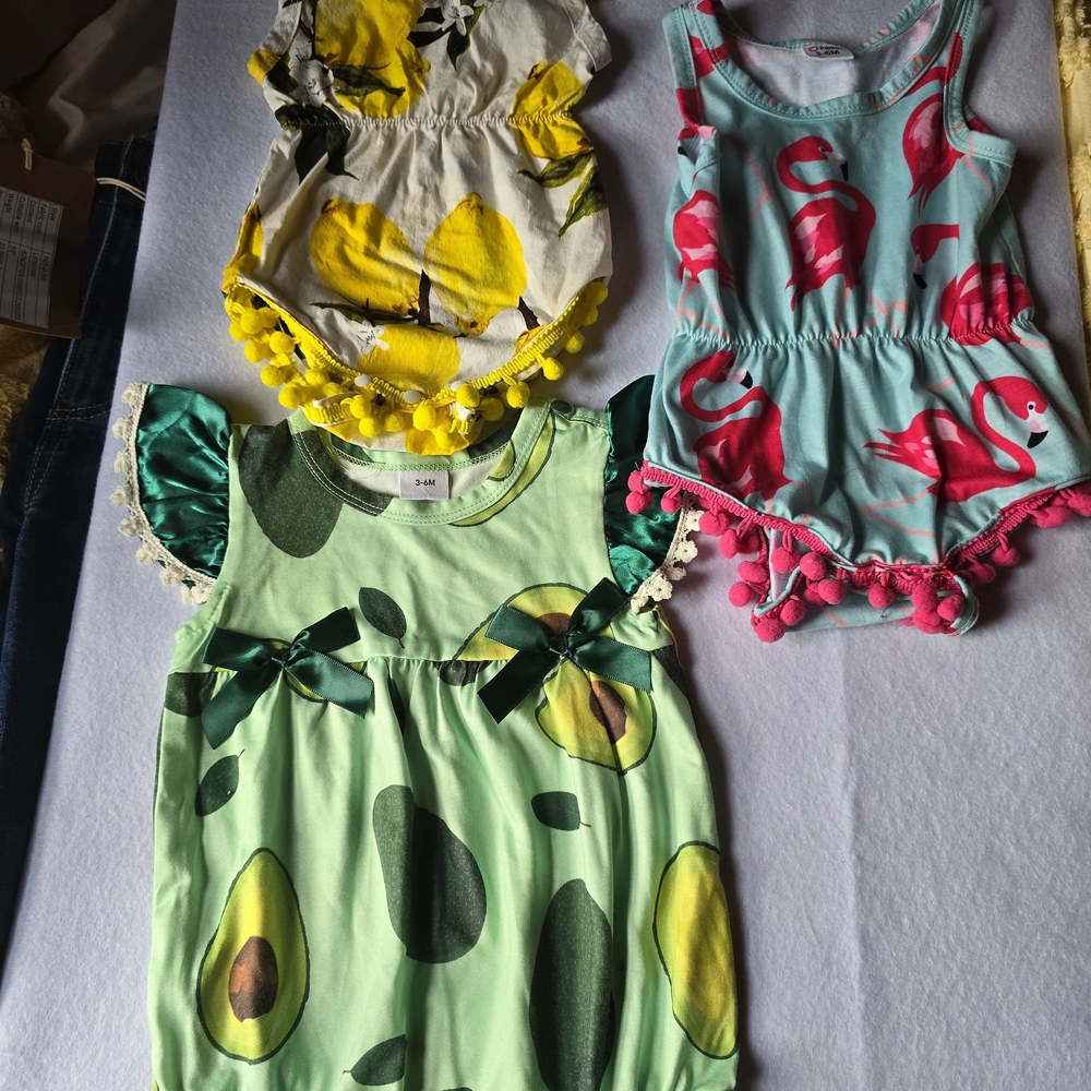 Lot Of 3 Adorable Baby Girl Rompers Avocado, Flamingo, and Lemon 3/6m